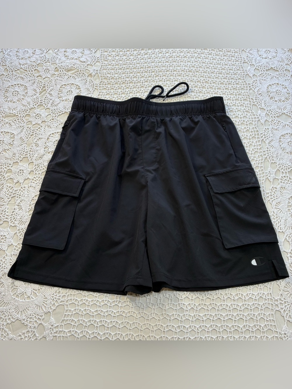 Champion Men's L Black Cargo Shorts Elastic Waist Drawstring Woven